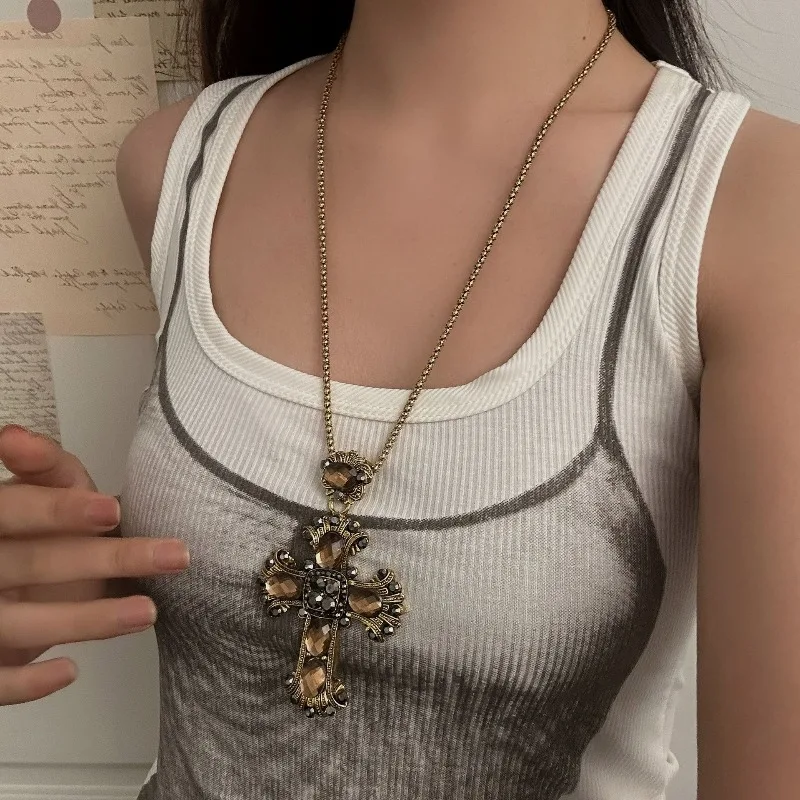 Fashion Gothic Punk Metal Big Cross Pendant Necklace Heavy-duty Versatile Y2K Subculture Sweater Chain Spicy Girl Accessories