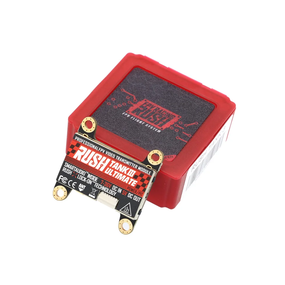 Côté du module VTX RUSHFPV Tank III avec bouton de changement de canal et interface SmartAudio.