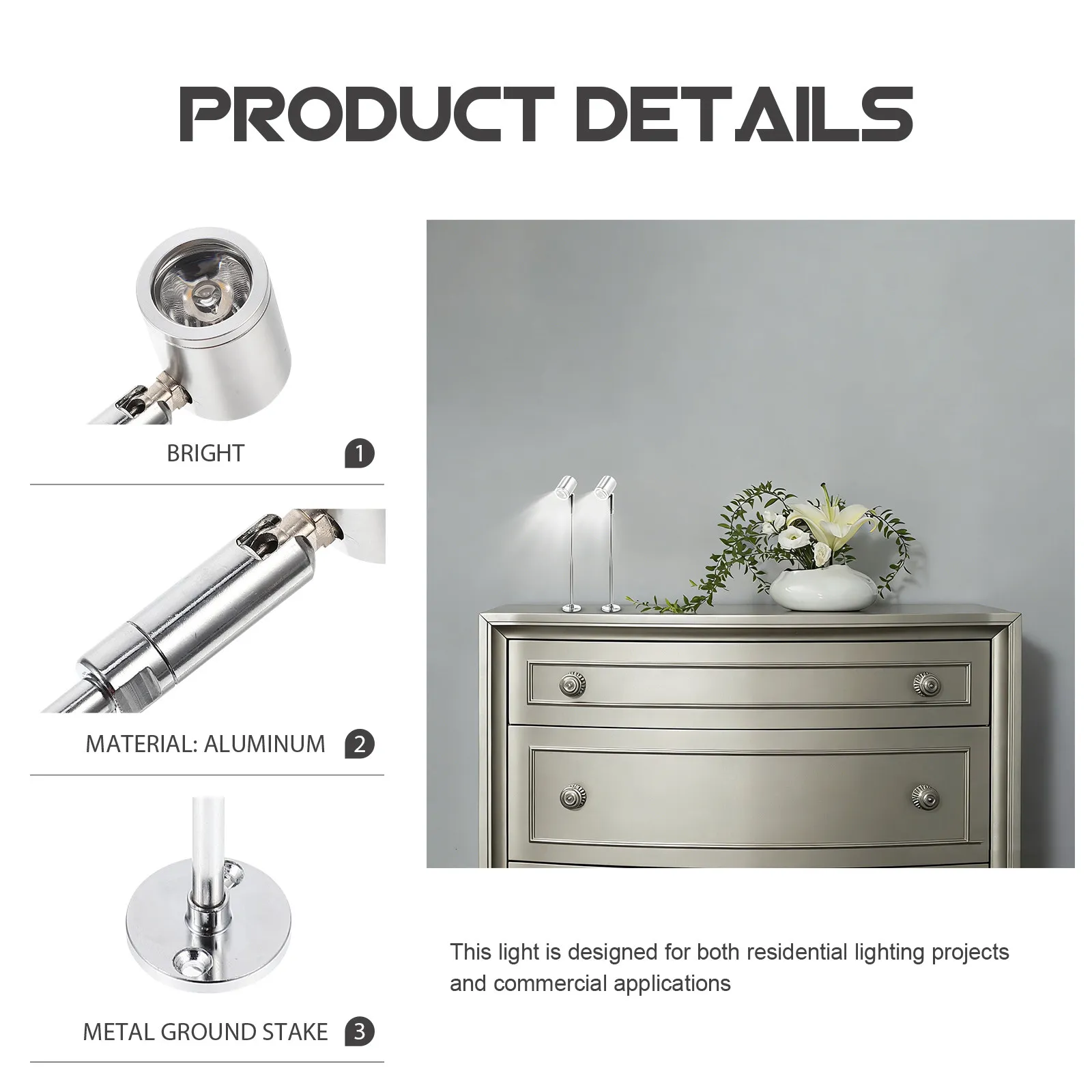 2Pcs LED 스포트라이트 3W Ac100-265V 캐비닛 스포트라이트 소매 전시 케이스 전시 카운터 야외 풍경 금속 지상용