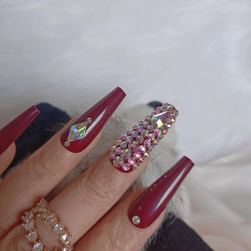 2022 Newest Luxury Jewelry Pure Color Long Ballet Fake Nails Crystal Diamond Deep Red|False Nails| - Aliexpress