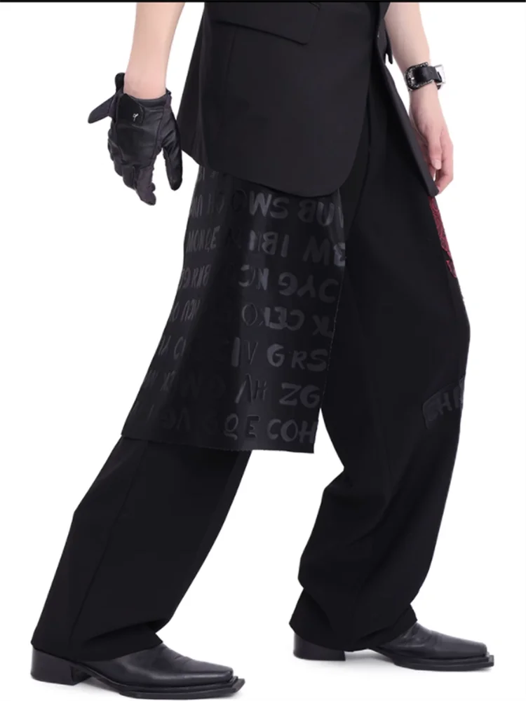 2023 Fashion black English PU leather skirt dress pants men and women loose straight leg casual pants