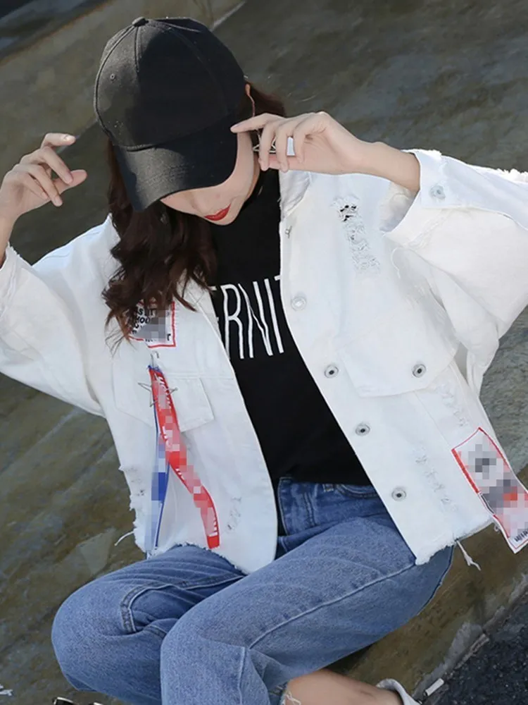 BPN Streetwear Denim Jackets For Women Lapel Long Sleeve Patchwork Single Breasted Cassual Loose Jacket Female Autumn Clothing