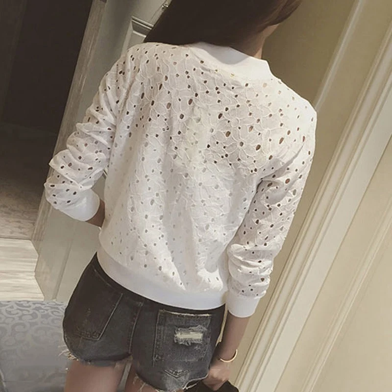 Summer Korean Stylish Thin Long Sleeve Lace Hollow Out Jackets Female Anti-UV Fashion Short Outwear White Women Clothing 3