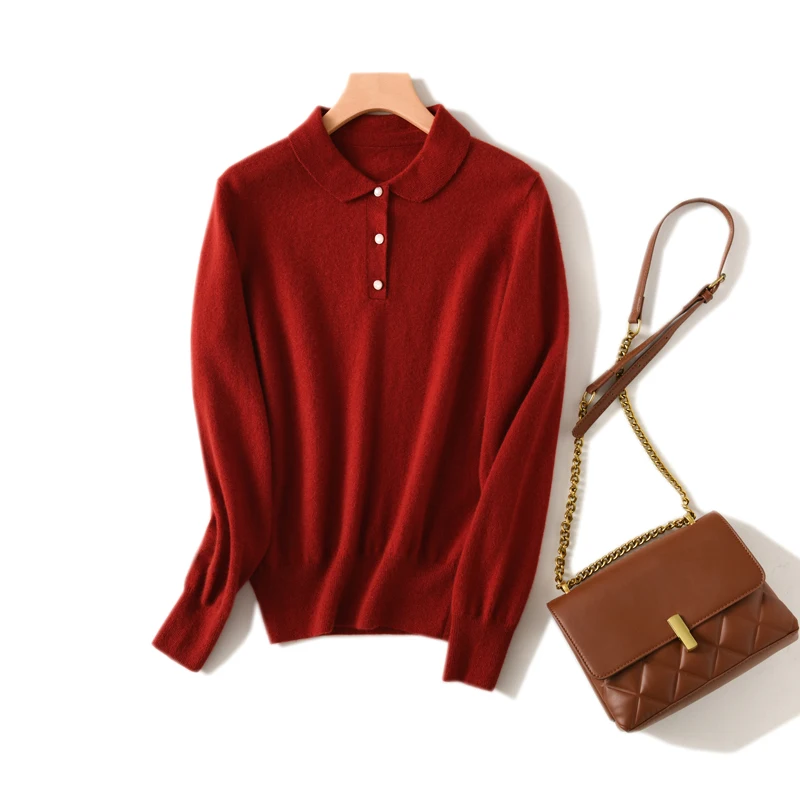 

2022 Spring New Lapel 100% Pure Cashmere Sweater Ladies Thin Pullovers Simple High-End Knitted Sweater Loose Bottoming Shirt