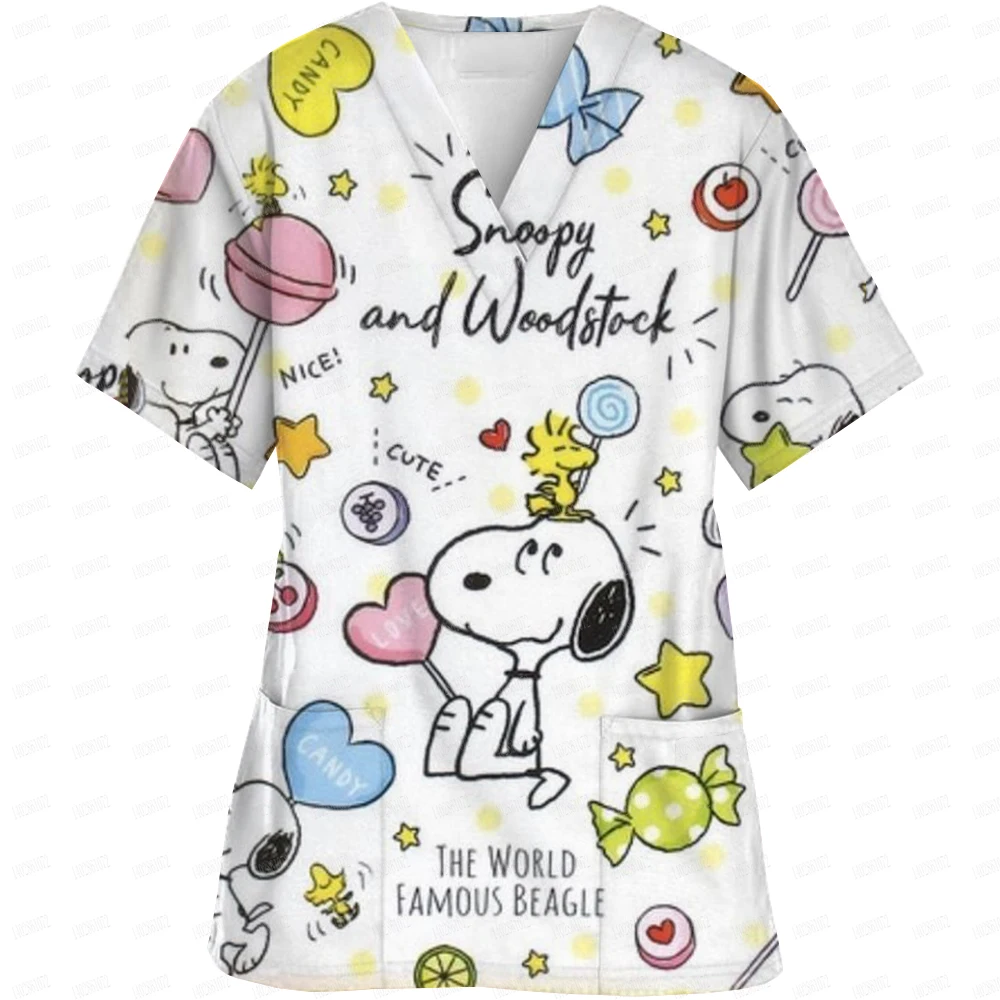 Surgical Wear Work Clothes Cartoon Snoopy print Hand Washing Nurse Uniform Women's V Neck Short Sleeve T-Shirt Tops 4