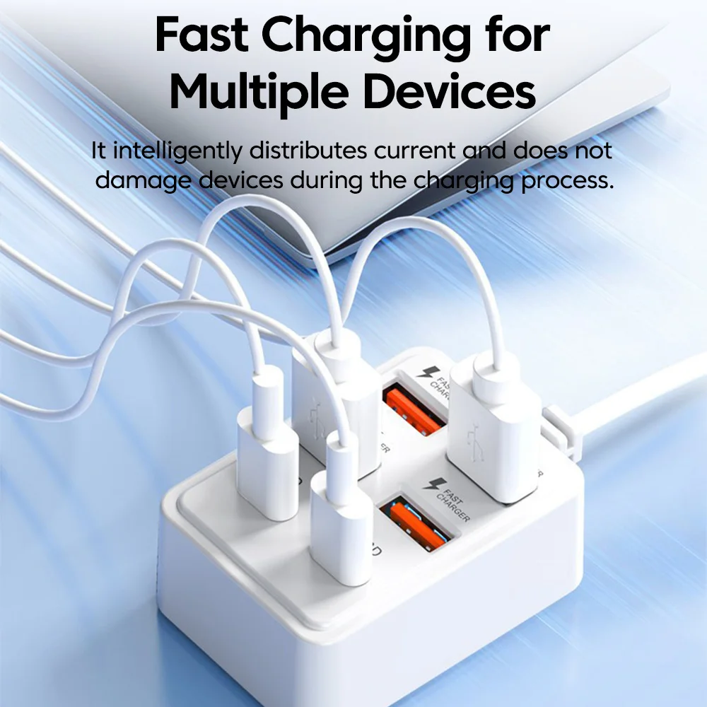 Multi-Port USB Charger with 6 Outlets and Power Strip, 43CM Cable Included