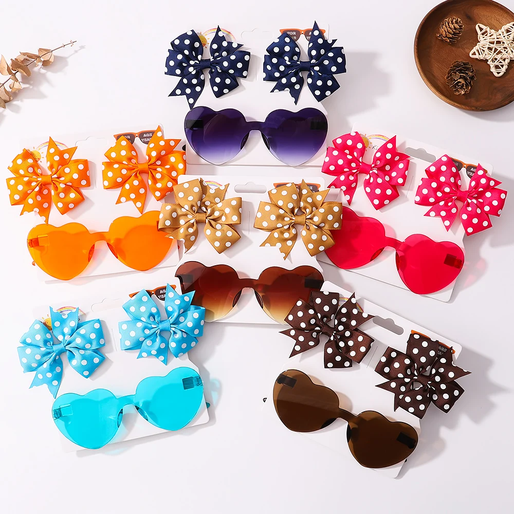 3Pcs/set Kids Cute Solid Dot Hairpin Colorful Heart Sun Glasses Set Girls Boutique Bowknot Hair Clips Children Hair Accessories