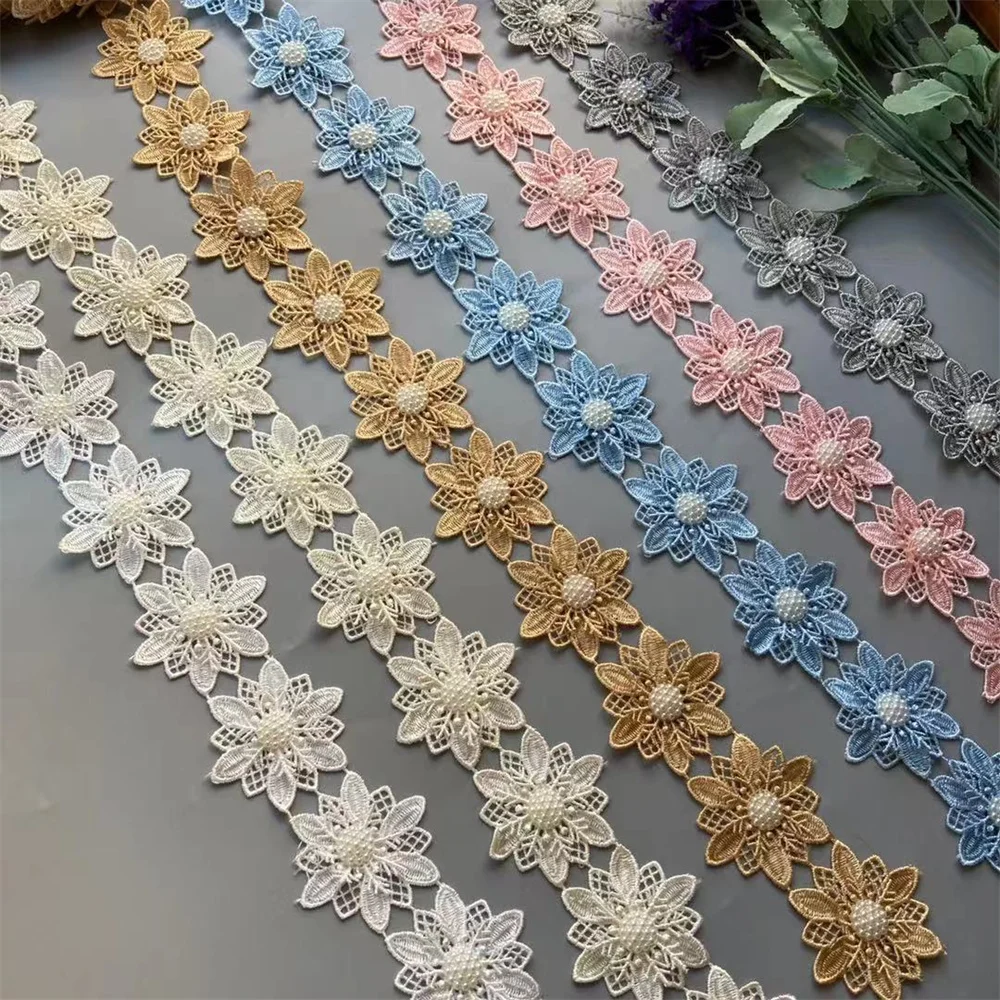 

10x Fabric Flower 3D Pearl Lace Trim Beaded Embroidered Applique Handmade DIY Patchwork Wedding Lace Ribbon Sewing Craft 5cm