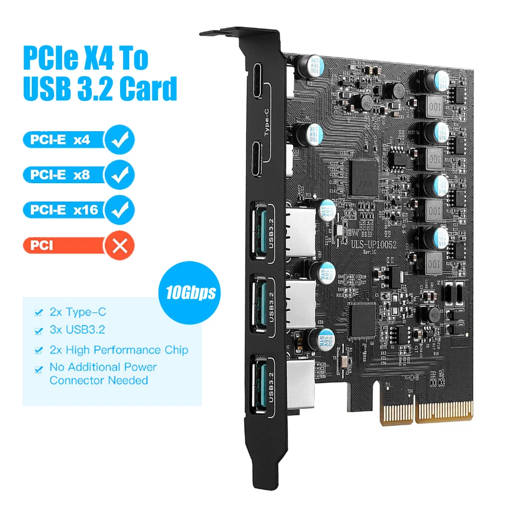 

PCIe X4 To USB 3.2 Card 3x USB3.2 and 2x TPYC-C Expansion Add on Card Support Windows 7/8/10 (32/64 Bit) Mac OS 10.8.2 15W