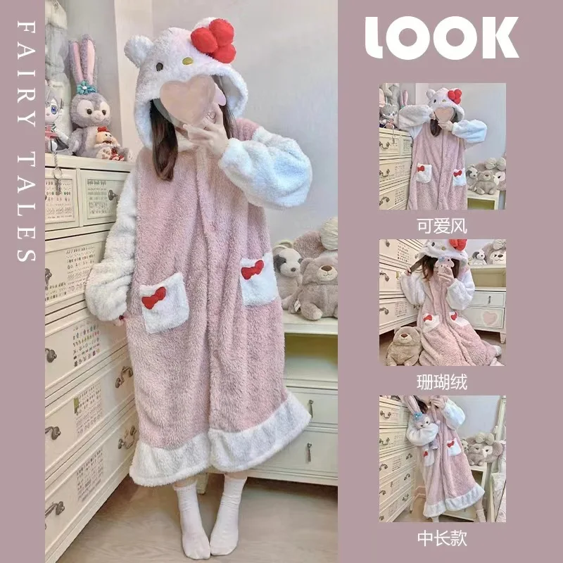

HelloKittys Pajama Girl Cute Fall Winter Coral Velvet Thickened Can Be Worn Over Sanrio Collection Nightdress Set Christmas Gift