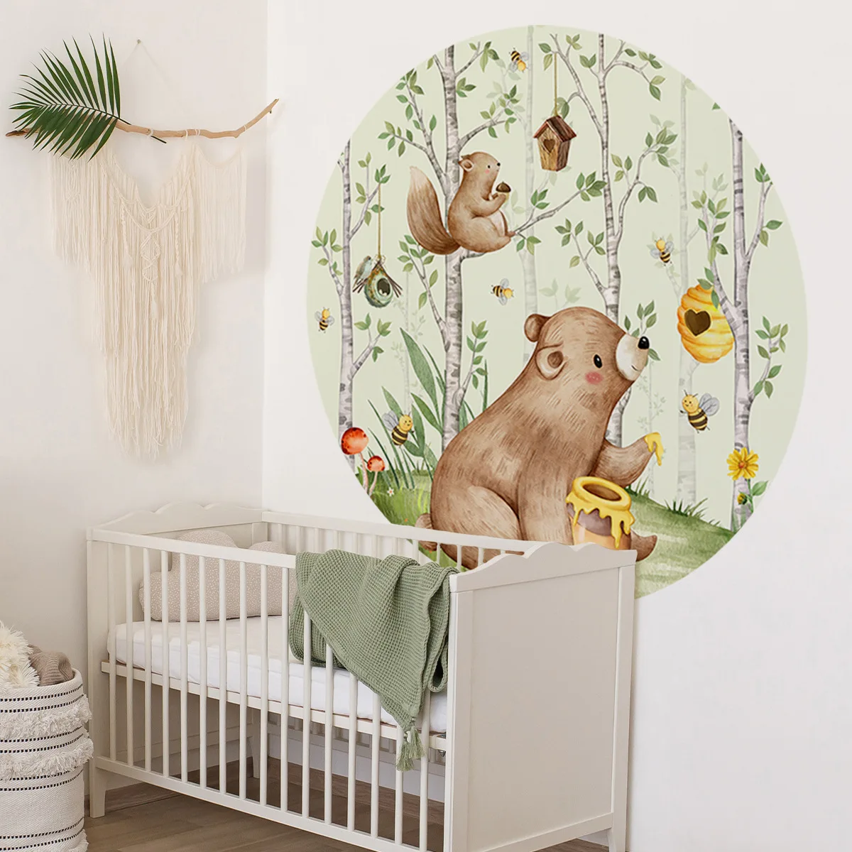 3pcs Glue-free Round Bear Bee Forest Animal Wall Sticker Children's Room Kindergarten Background Decorative Sticker Mj2002