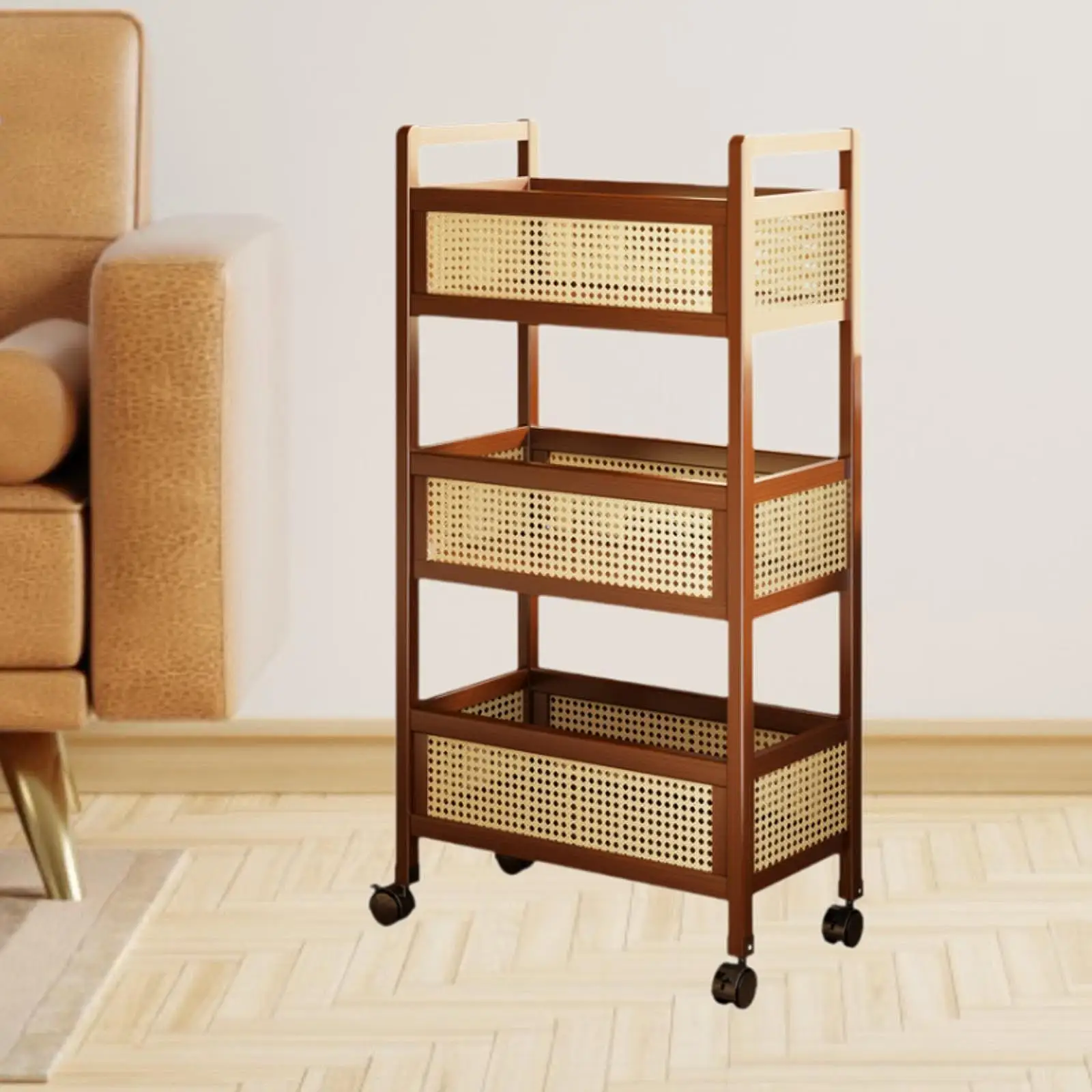 Wooden 3 Tier Rolling Utility Cart with Baskets Quick Installation for Home Office Versatile with Wheels 50x26x93cm Mobile Cart