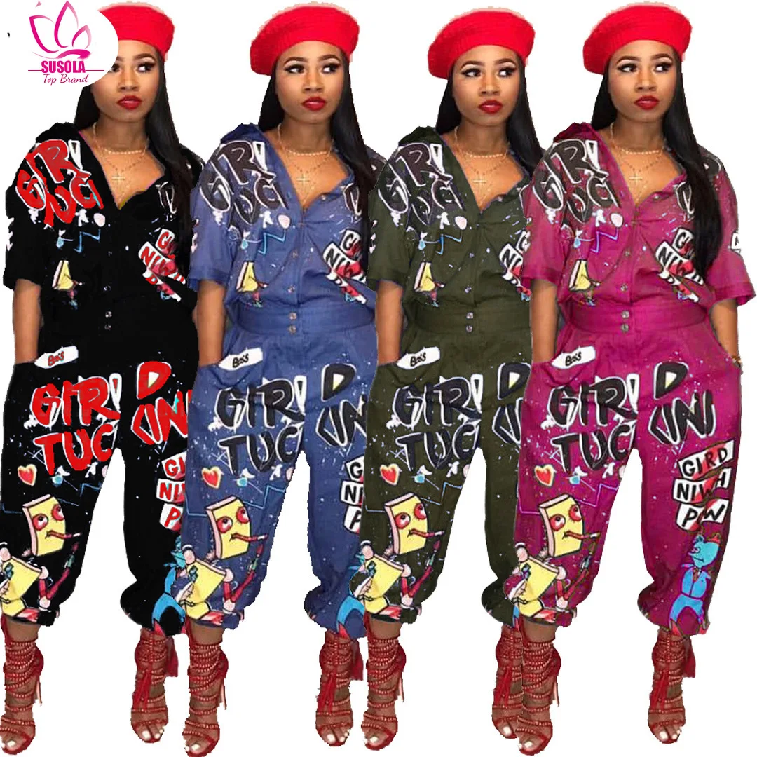 

SUSOLA Sexy Letter Print Flared Leg Jumpsuit Outfits Women Y2K Button Up Short Sleeve Jumpsuit Lady Summer Streetwear Wholesale
