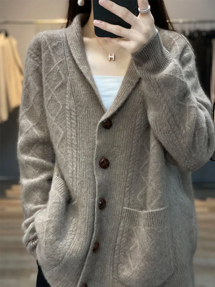 

Autumn Winter High Quality Premium Knitted Cardigan Women's 100%Wool Cashmere Sweater V-neck Loose Large Size Coat Female