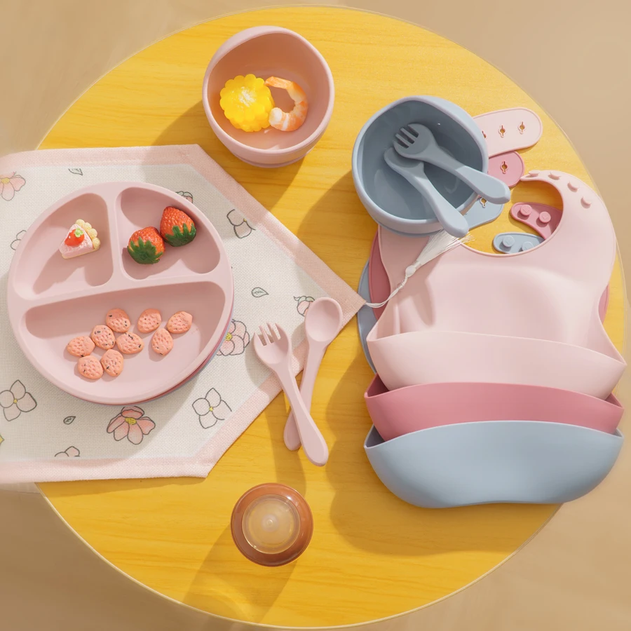 Free Custom Name  Baby Silicone Feeding Set Baby Bibs Kids Dishes Plate Feeding Bowl Spoon Fork Children's Tableware 6