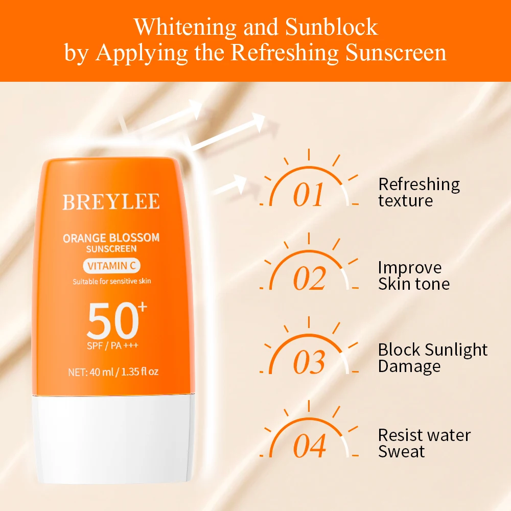 BREYLEE SPF 50 +/PA ++++ Orange Blossom Facial Sunscreen Vitamin C Whitening Refreshing Brightening UV Protection Sunscreen 40ml facial sunscreen cream