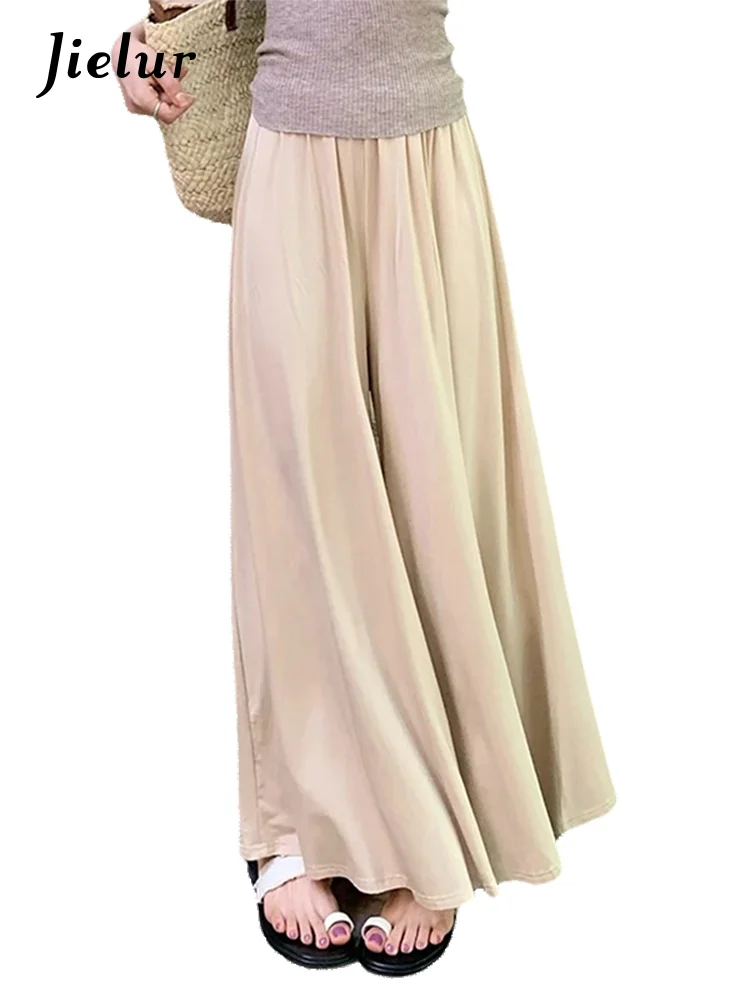 Jielur Summer Simple Loose Female Wide Leg Pants Solid Color Elastic Waist Basic Fashion Workwear Apricot Grey Black Women Pants