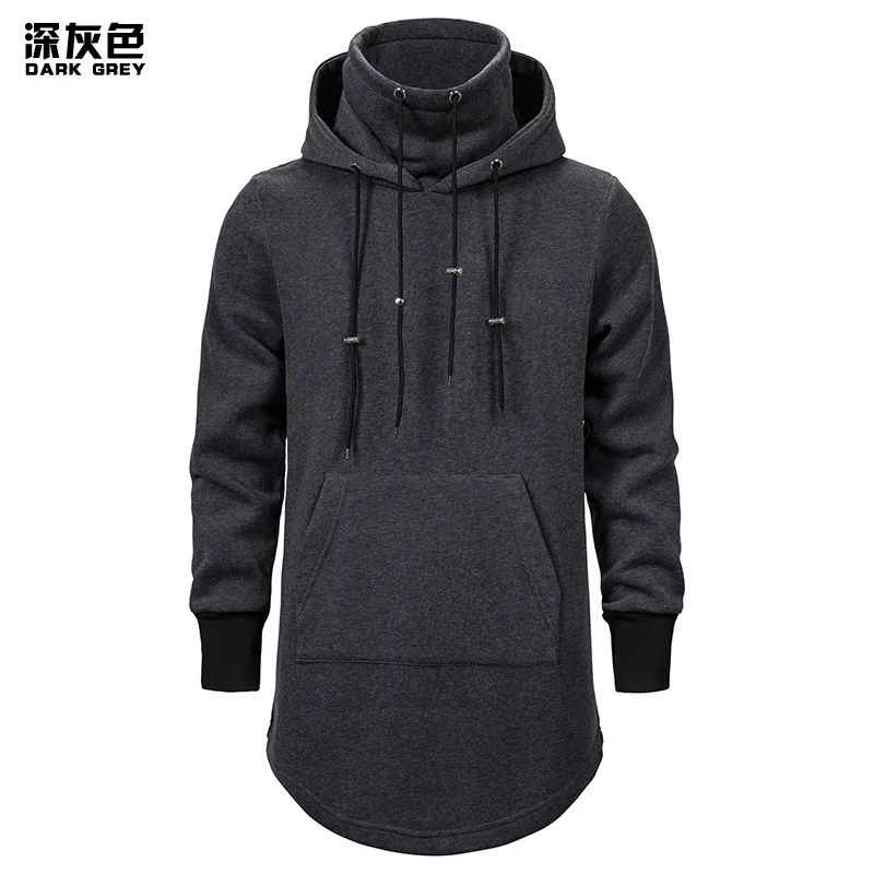 Men's Slim Long Section High Collar Hooded Sweatshirt Cotton Casual Pullover