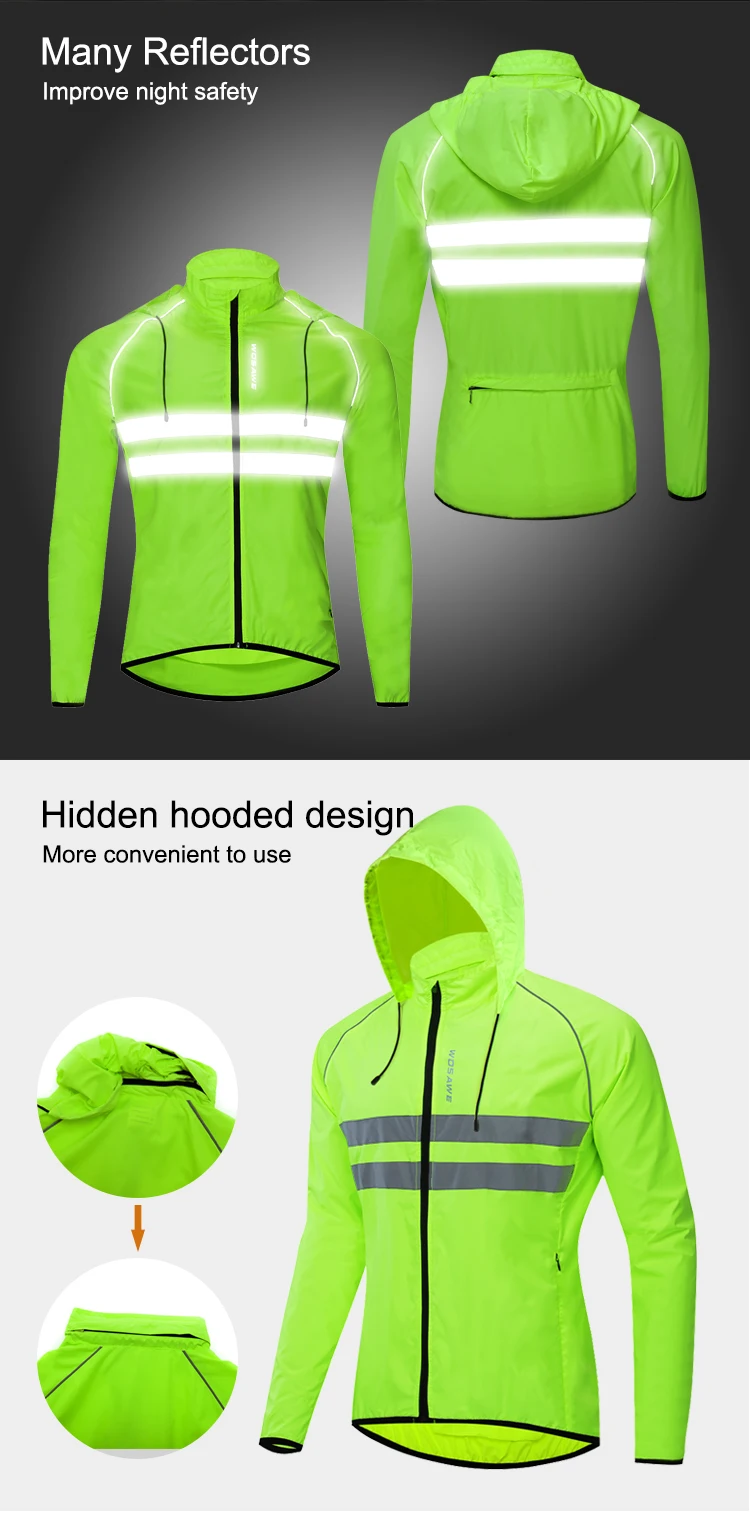 WOSAWE Thin Hooded Caps Reflective Running Jackets Windproof Water Rain Repellent Cycling Windbreaker Coat Bike Sports Jackets 3
