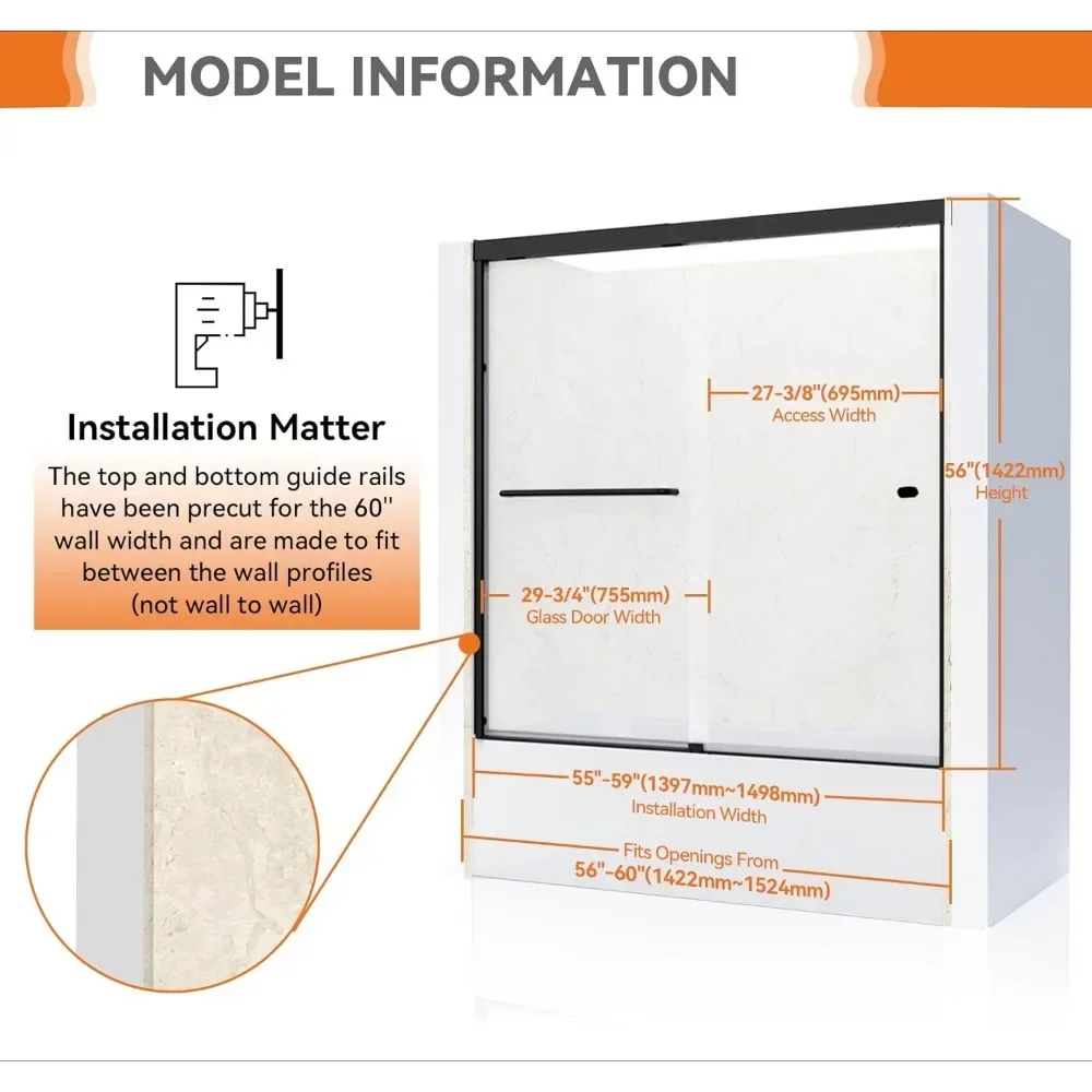 Shower Door, 56-60 "W, Semi-Frameless Sliding Doors, Tempered Safety Glass, Bathroom Glass Shower Door