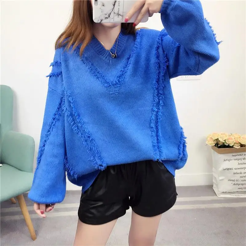 

2023 New Women's Clothing V-Neck Long Sleeve Commuter Knitted Loose Casual Preppy Style Solid Color Tassel Sweaters Jumpers