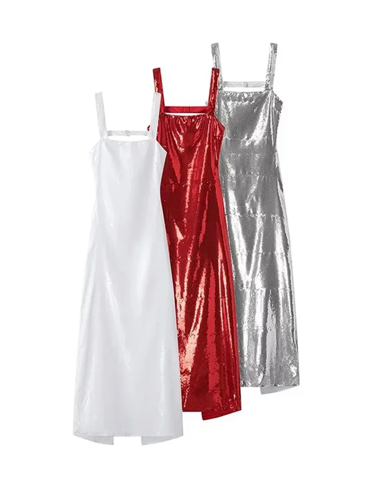 

HH TRAF Women's Fashion Sequins Sleeveless Dress Elegant Solid Backless Slim Party Dresses Female Chic Hem Slit Long Dress
