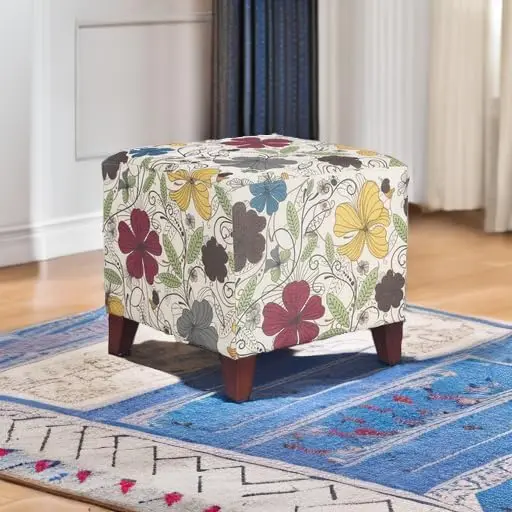 Small Foot Stool Ottoman, 16.3" Linen Cube Ottoman Foot Rest with Wood Legs, Upholstered Ottomans Footstool