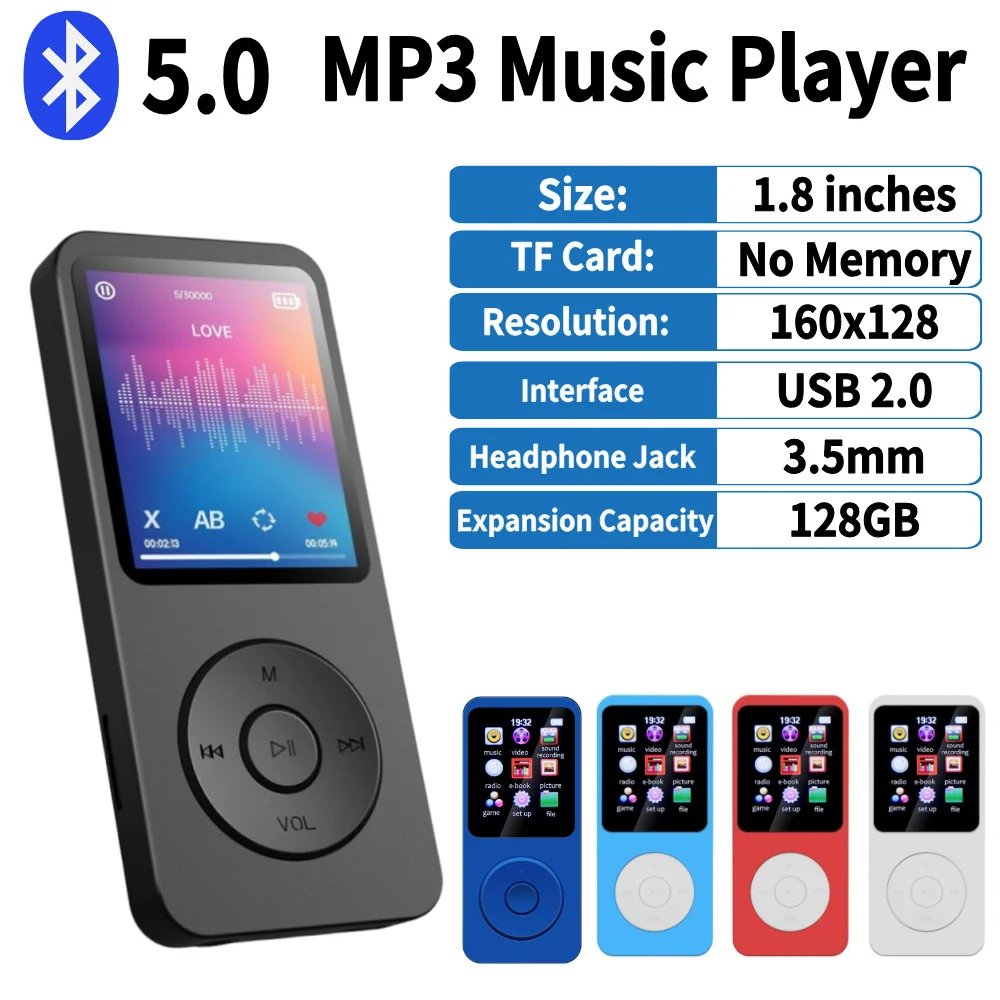 1.8 Inch MP3 Player Bluetooth 5.0 HIFI Stereo Music Player Support 128G TF Card with Video/Voice Recorder/FM Radio/E-Book