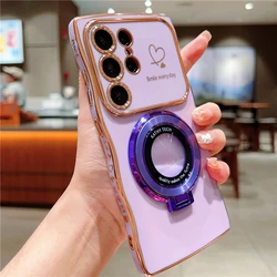 Rotatable Magnetic Kickstand Silicone Phone Case with Electroplated Love Heart Shell - Galaxy S24 Ultra (PURPLE)