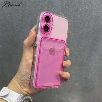 Transparent Card Holder Slot Case for iPhone 16 15 14 Pro Max Plus 11 12 13 Wallet Candy Color Contrast Clear Soft TPU Cover 1