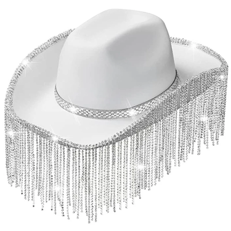 M2EA Rhinestones Cowgirl Hats Glitter Rave Cow Girl Hat with Rhinestones Fringe Adult Size Cowboy Hat for Party 3 Color cowboy hats cowgirl hats