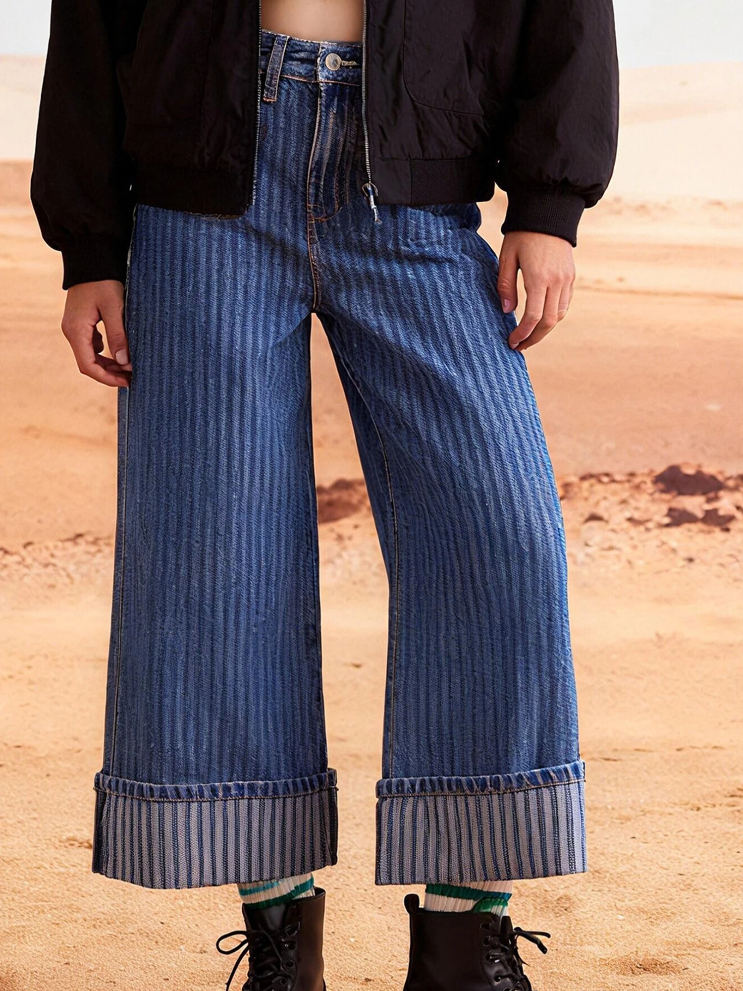 Women s High Waisted Wide Leg Denim Pants Stylish Striped Baggy Trousers with Pockets for Casual Street Style