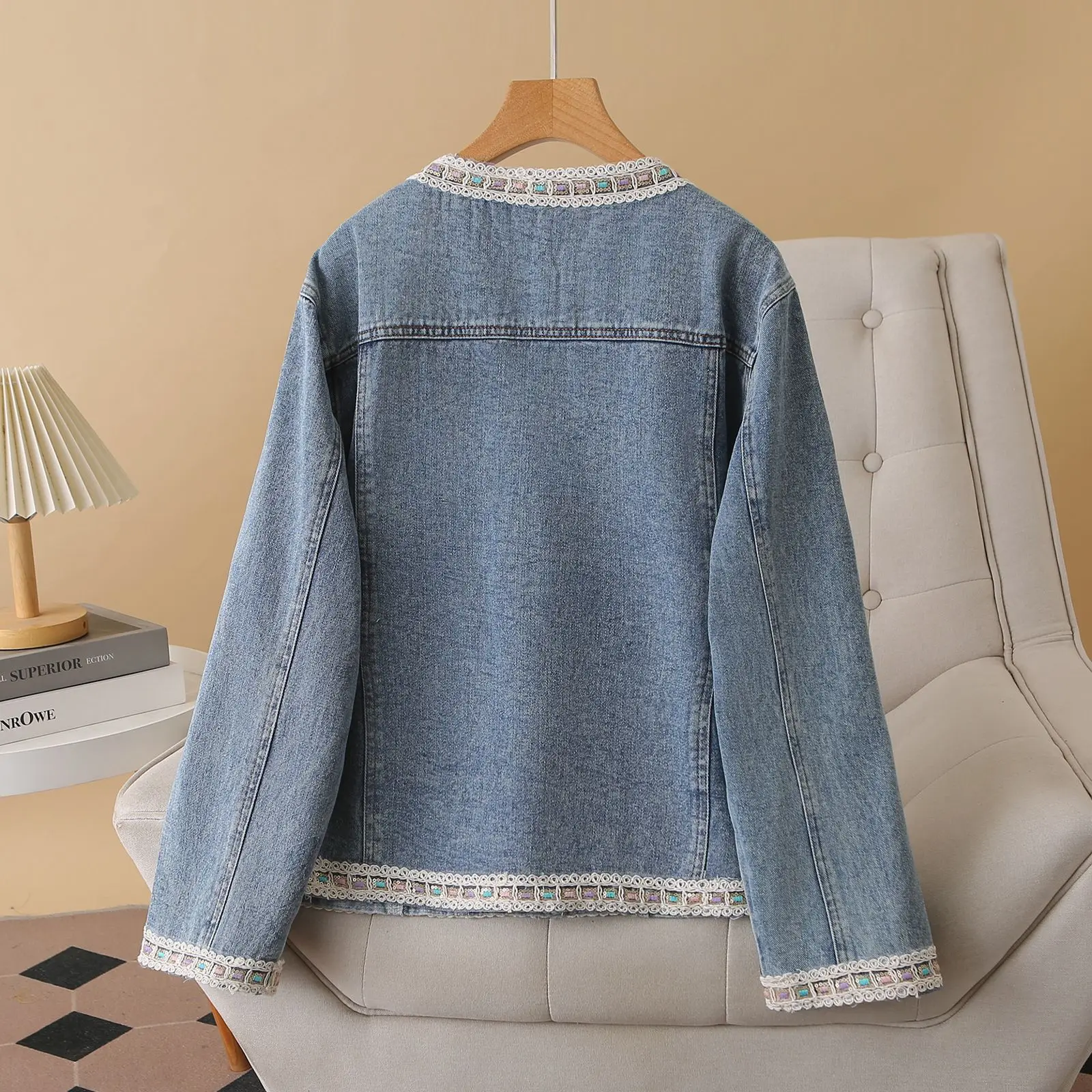 Fashion Plus Size Women's Denim Jacket Autumn Chic Stylish Casual Sequined Lace O-Neck OUTERWEAR 8315