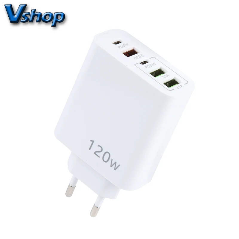 120W Dual PD Type-C + 3 x USB Multi Port Charger EU Plug
