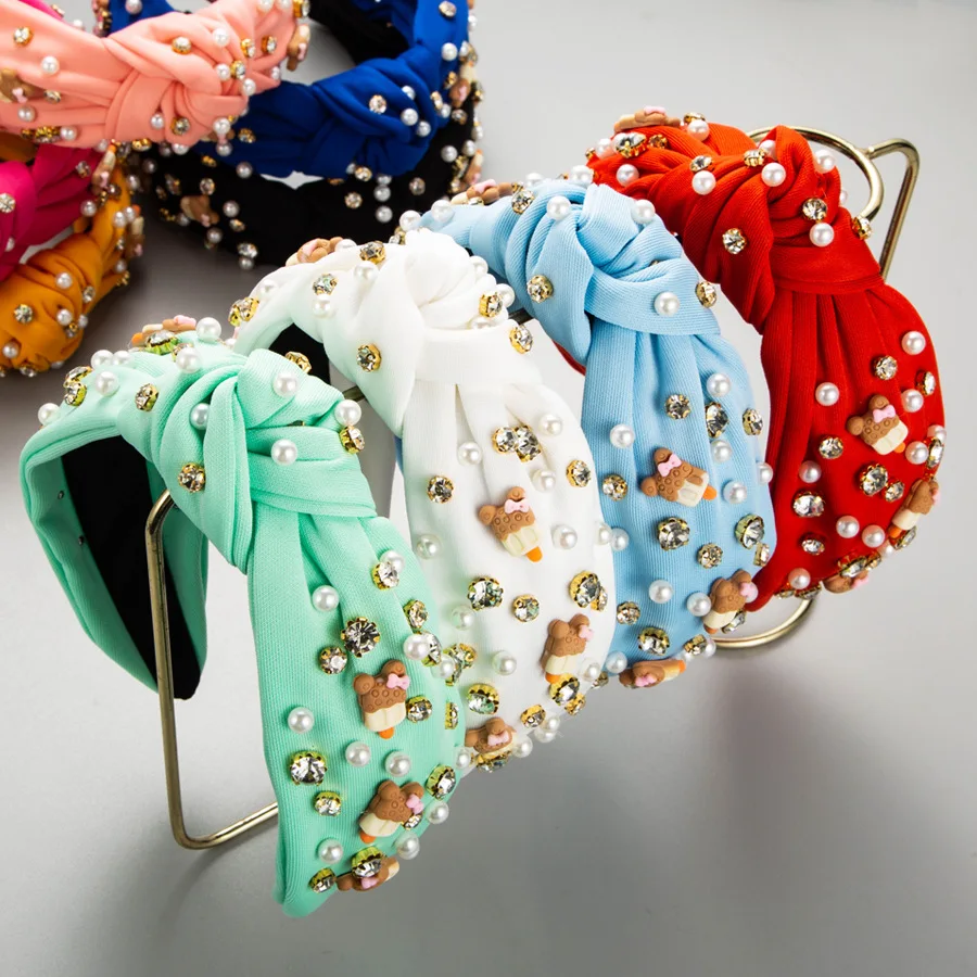 European and American Candy Color Fabric Wide Edge Knotted Rhinestone Pearl Headband Cute Korean Hair Accessories new baroque heavy industry wide edge rhinestone headband women s full diamond knotted fashion dance catwalk hair accessories