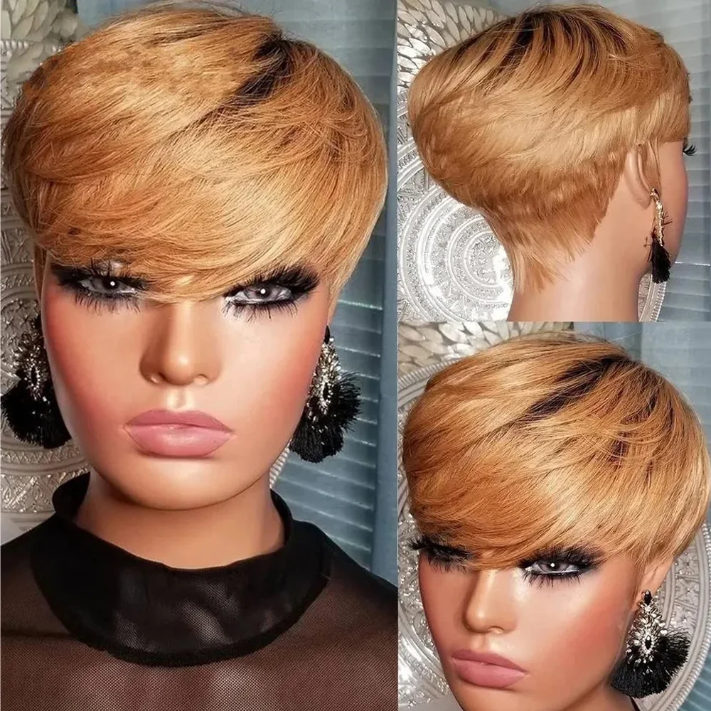 Ombre T1B/27 Human Hair Short Wigs Black Women Straight Bob Pixie Honey Blonde Brazilian No Lace Front Wig With Bang human hair wigs