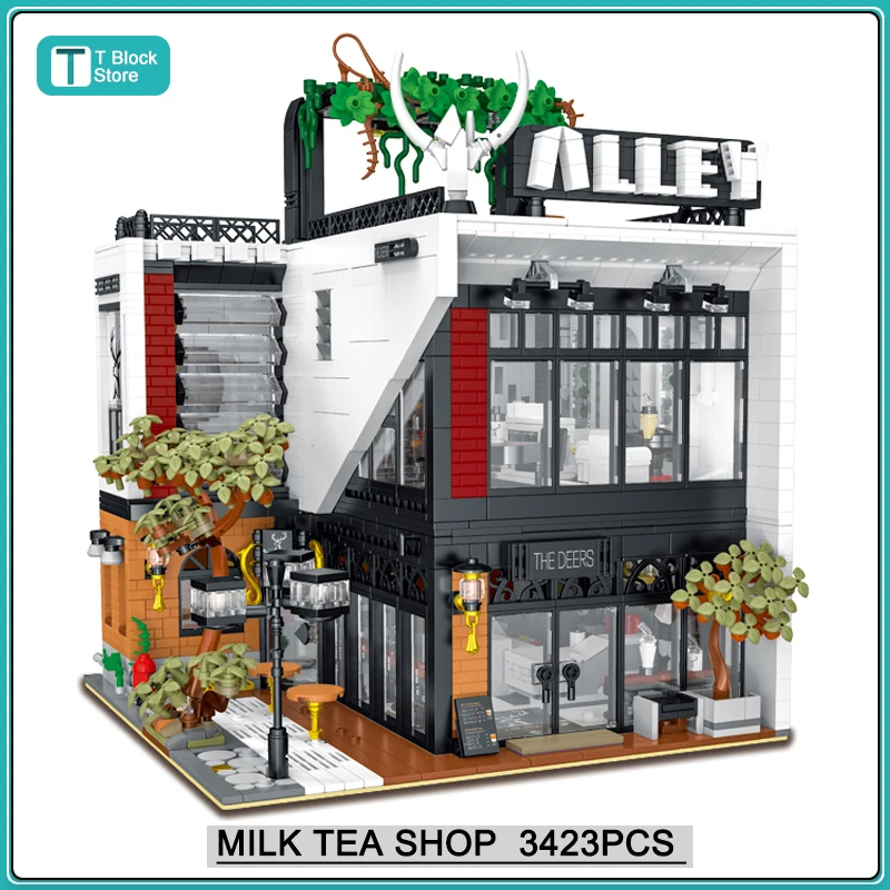 

MOC-123898 современный молочный чайный магазин, модульная архитектура, модель города, улица, вид, строительные блоки, игрушки для детей, подарки для мальчиков