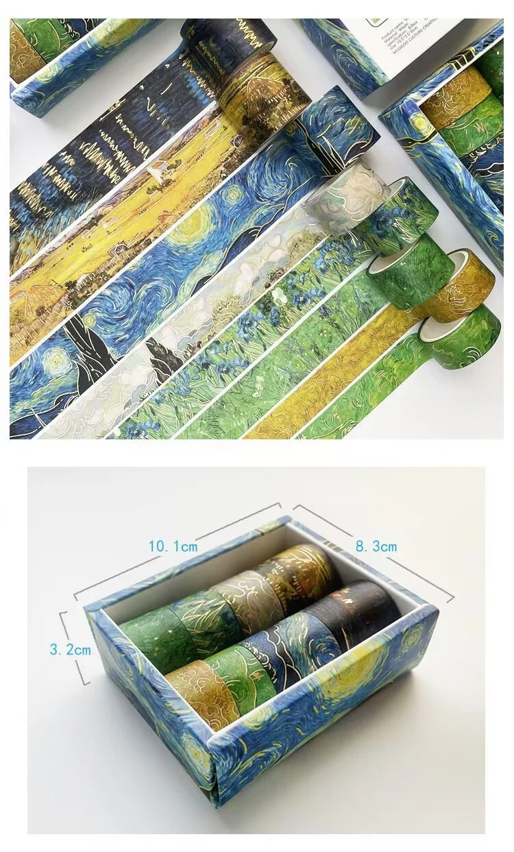 학생용 마스킹 테이프 반 고흐 유화 시리즈 스티커, 브론징 핸드 계정 테이프 및 종이 테이프, DIY 크리에이티브 스크래핑 테이프