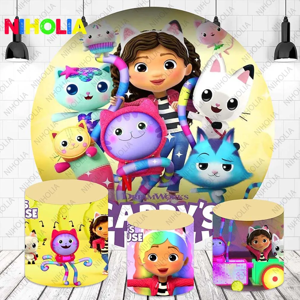 

Niholia Gabby Dollhouse Round Backdrop Cover Kid Birthday Party Decoration Circle Purple Red Photography Background Photo Studio
