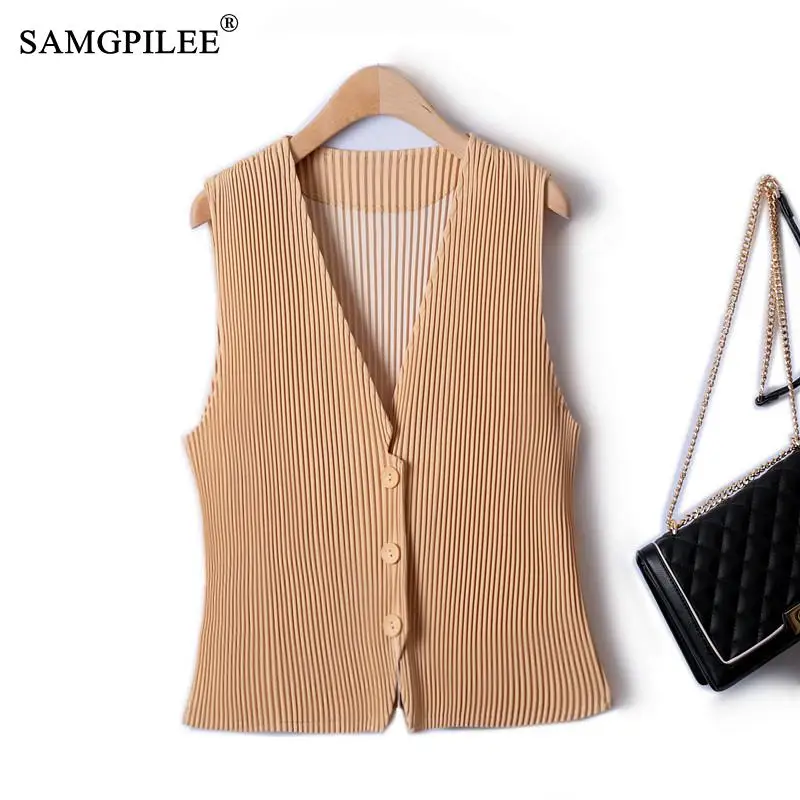 

Короткий плиссированный жилет без рукавов, новинка весны-лета 2022, модные однобортные однотонные однобортные Женские куртки в Корейском стиле