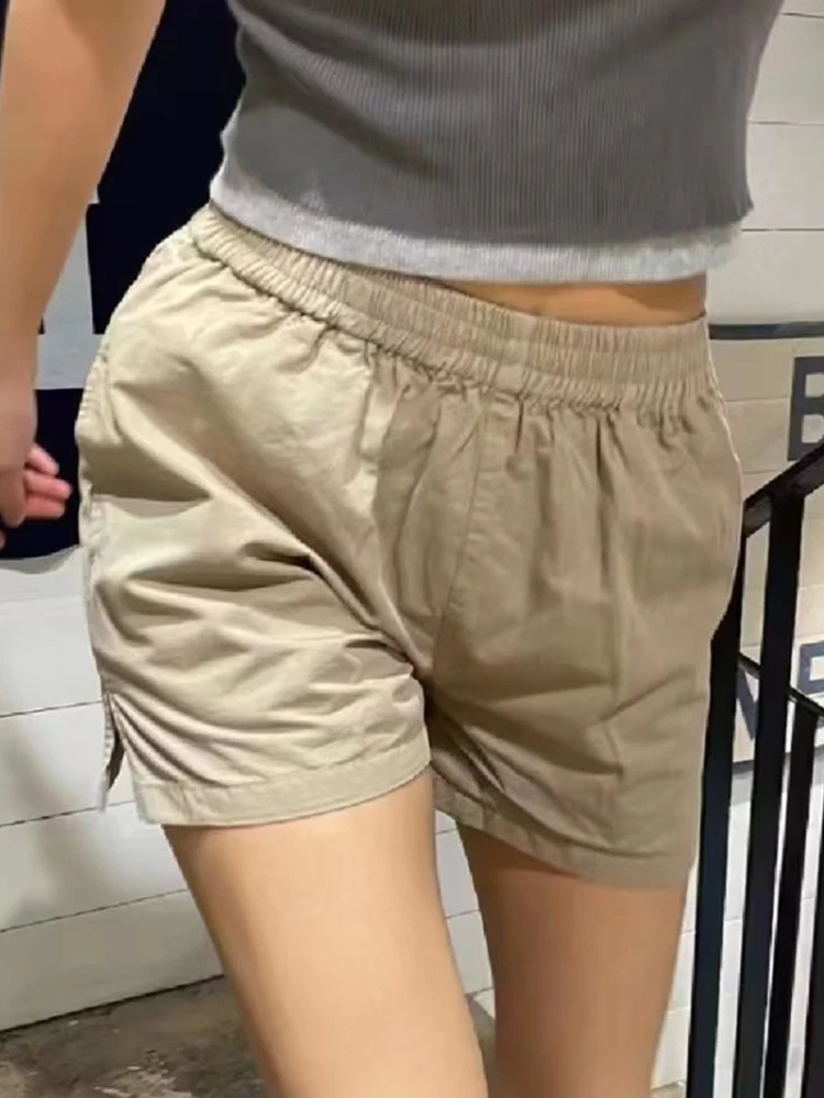 

Casual Women Fashion Khaki Side Slit Shorts 2023 Summer Vintage Elastic Waist Solid Shorts Female Streetwear Harajuku Bottoms