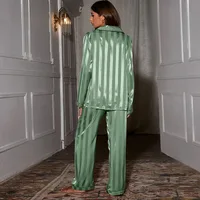 Ladies' spring and autumn pajama set, with a lapel jacquard wide stripe cardigan and long pants, a loose and casual two-piece ho - Image 3