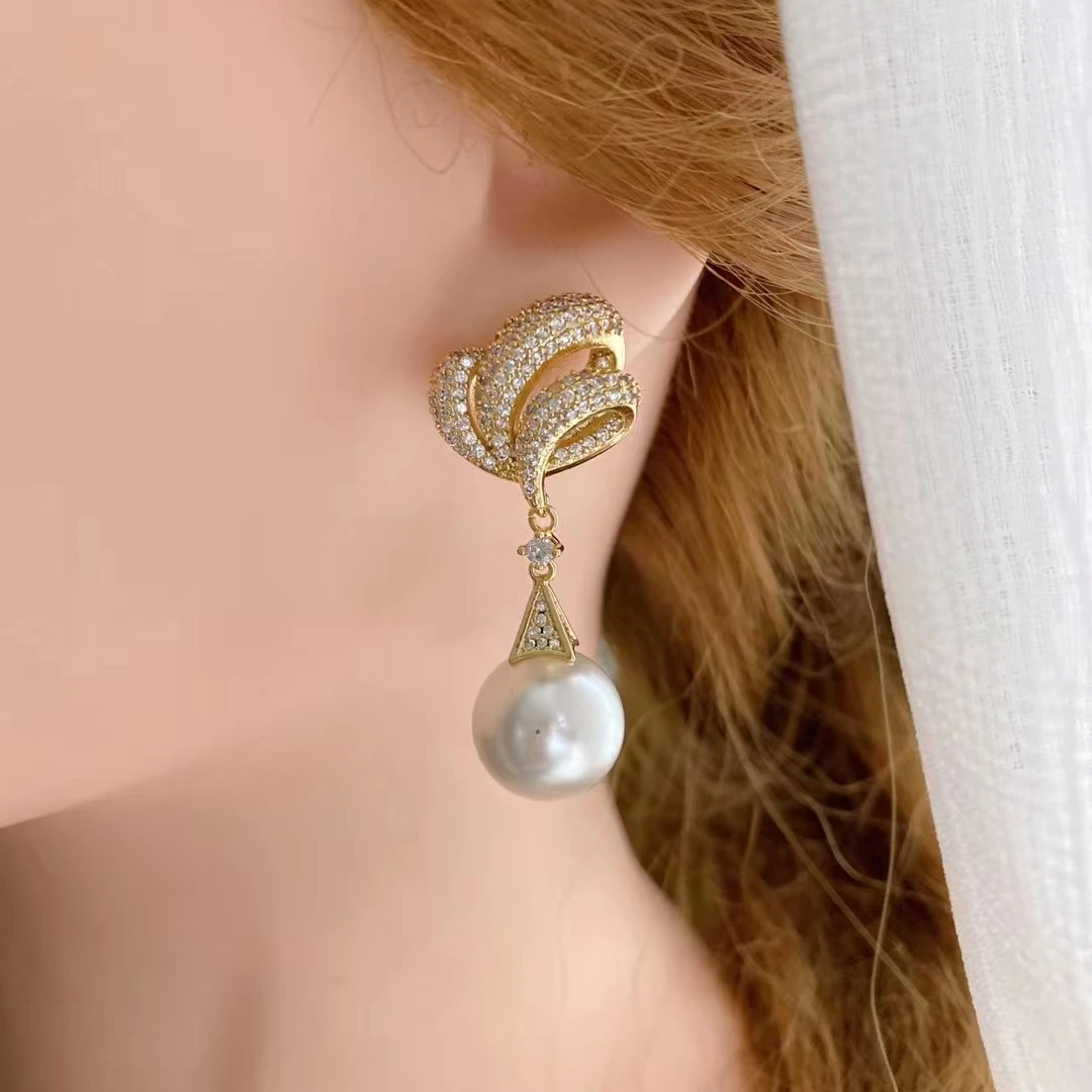 Natural White Keshi Baroque Pearl White Gold Color Plated CZ Paved Stud Dangle Earrings For Women