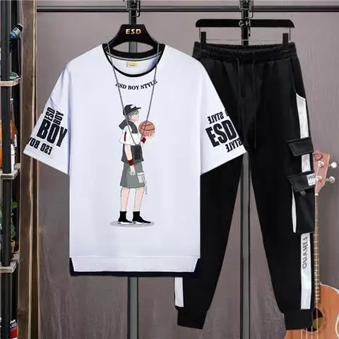 thumbnail image 1 of Conjuntos de pantalones superiores para exteriores, camiseta para hombre XL 5XL, chándal de tendencia 2024, trajes deportivos estéticos para correr, ropa holgada básica estampada para hombre, 1 of 5