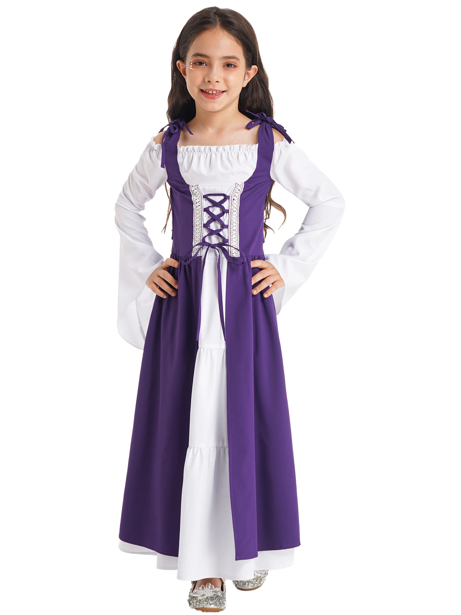 

Kids Girls Renaissance Medieval Costume Irish Victorian Vintage Halloween Cosplay Long Flare Sleeve Over Dress Retro Fancy Dress