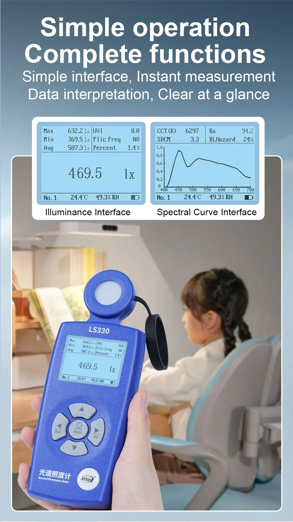LS330 Spectral Illuminance Meter Luxometer Light Meter Digital CCT UVI CRI Ra Lx