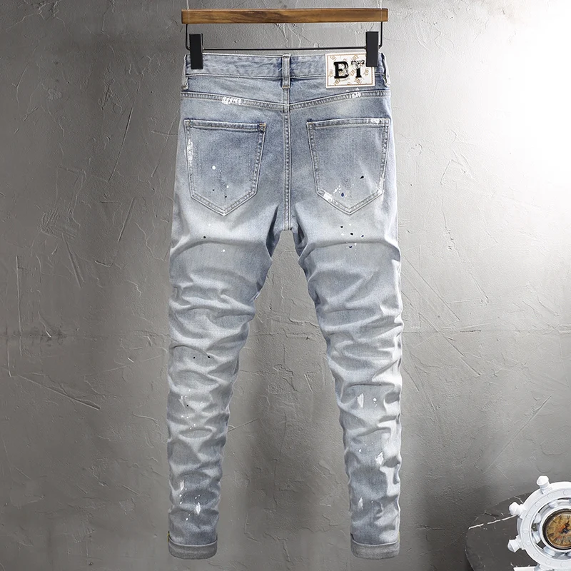 Street Fashion Men Jeans Retro Light Blue Elastic Stretch Slim Fit Ripped Jeans Men Painted Designer Hip Hop Denim Pants Hombre