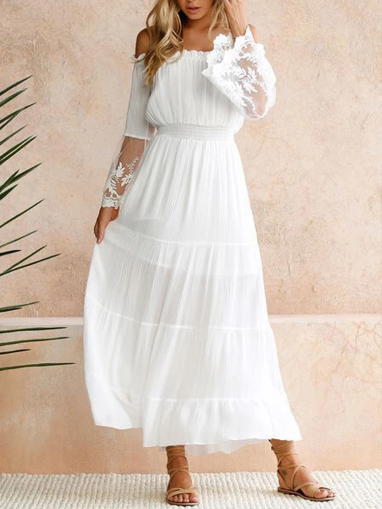 

Белое Кружевное длинное платье, женское пикантное шифоновое платье с открытыми плечами и открытой спиной, женское повседневное свободное пляжное праздничное платье в стиле бохо с расклешенными рукавами