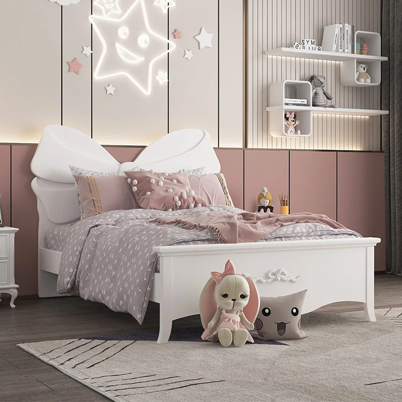 

Bowknot princess bed girls dream ins net red single European children's room furniture girls solid wood child bed