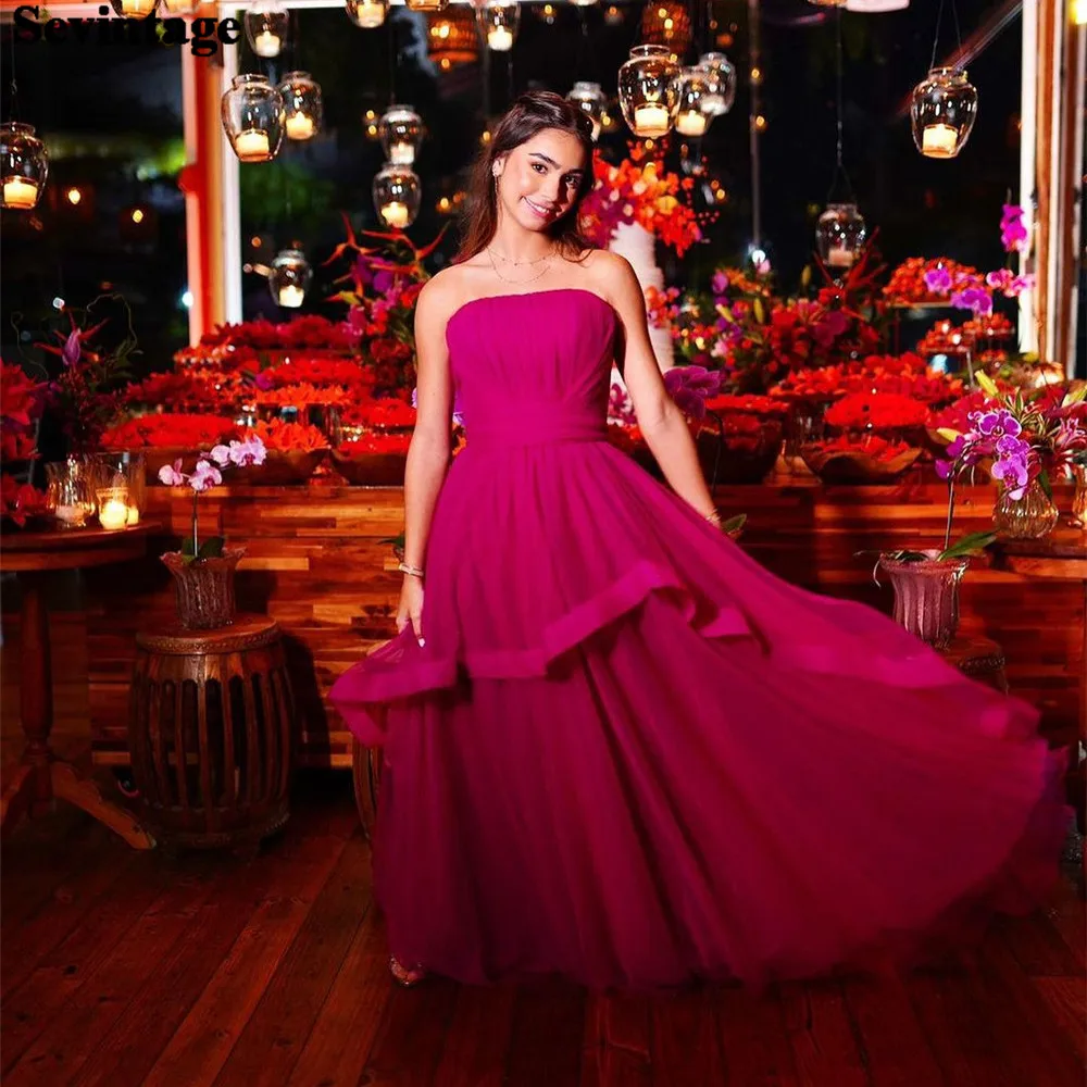 

Sevintage Elegant Fushia Prom Dress Tulle A-Line Strapless Belt Tiered Ruched Formal Evening Dress Floor Length Party Gown 2024